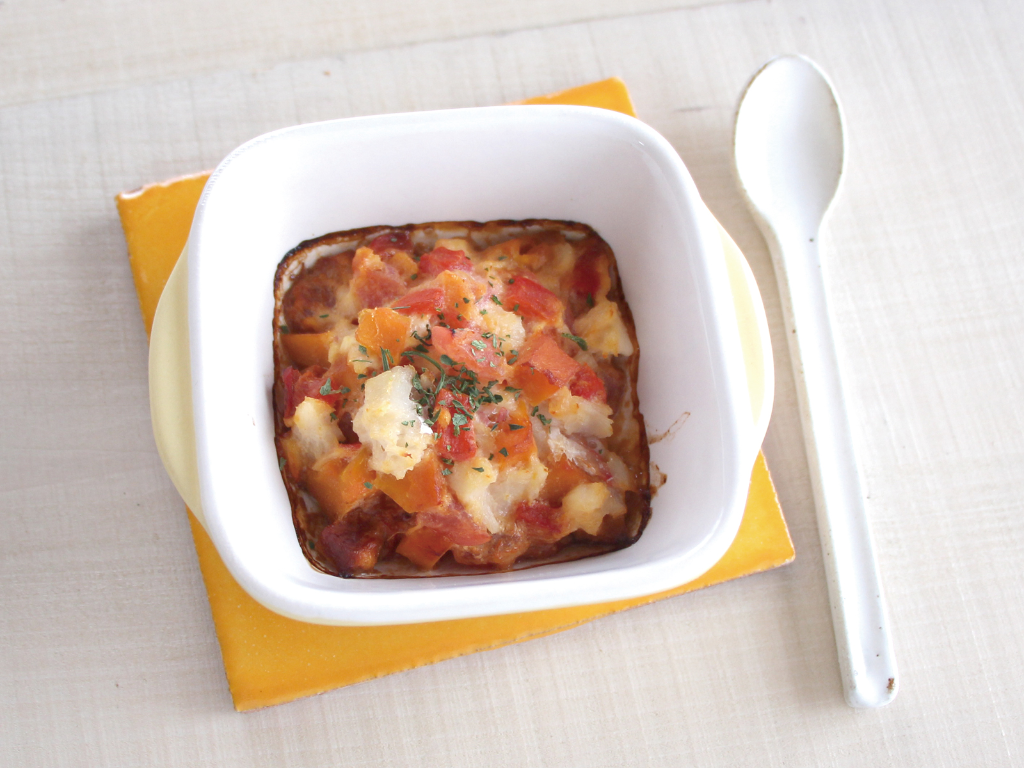 mogcookのお魚離乳食レシピ　魚と夏野菜の豆乳チーズココット